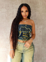 Blue Stretch Patch Embroidered Denim Bandeau Top
