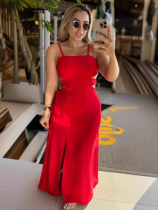 Red Halter Split Lace-Up Hipster Dress