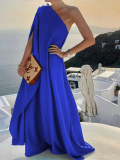 Blue Fashionable Solid Color Loose One Shoulder Long Dress