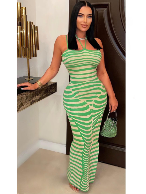 Green Sexy Pit Stripe Personalized Printed Suspender Dress
