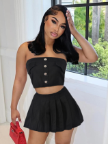 Black Sexy Breast-Wrapped Pleated Zipper Skirt With Exposed Navel Two-Piece Set
