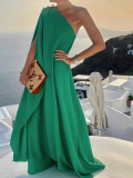 Green Fashionable Solid Color Loose One Shoulder Long Dress