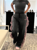 Gray Round Neck T-Shirt High Waist Colorful Fringed Casual Pants Two-Piece Set