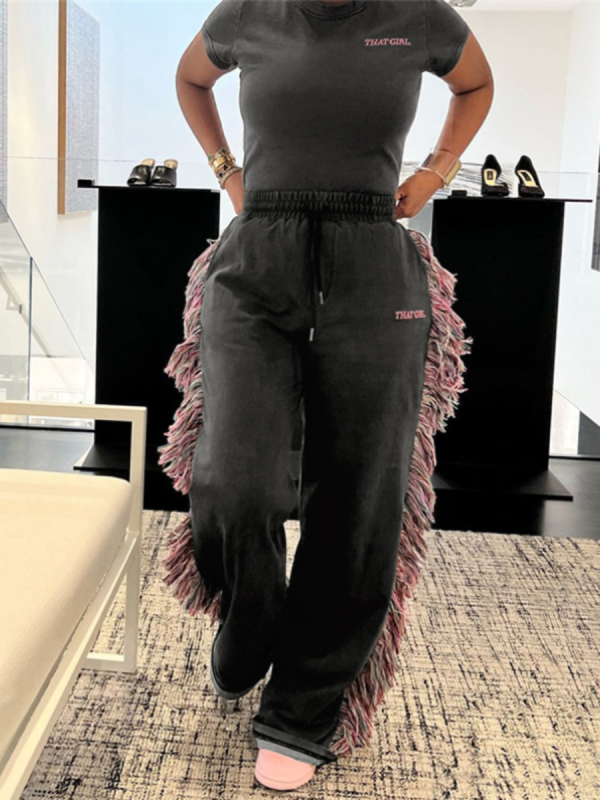 Gray Round Neck T-Shirt High Waist Colorful Fringed Casual Pants Two-Piece Set