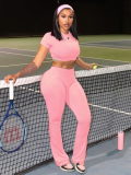 Pink New Round Neck Short Top And Elastic Waist Trousers Casual Two-Piece Set