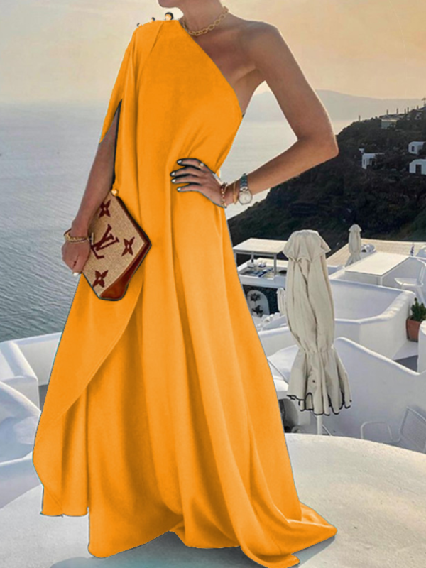 Yellow Fashionable Solid Color Loose One Shoulder Long Dress