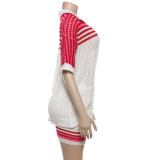 Red Fashionable Hollow Lapel Top High Waisted Shorts Knitted Casual Two-Piece Set