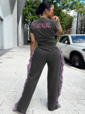Gray Round Neck T-Shirt High Waist Colorful Fringed Casual Pants Two-Piece Set