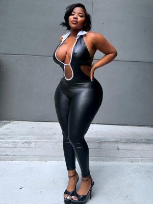 Black Sexy And Fashionable New Style Hollow Tight Lace-Up Jumpsuit