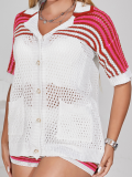 Red Fashionable Hollow Lapel Top High Waisted Shorts Knitted Casual Two-Piece Set