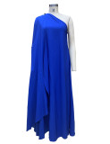 Blue Fashionable Solid Color Loose One Shoulder Long Dress