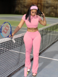 Pink New Round Neck Short Top And Elastic Waist Trousers Casual Two-Piece Set