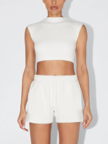 White Sleeveless Short Top And Elastic Shorts Casual Two-Piece Set