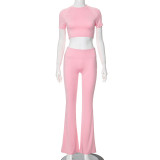 Pink New Round Neck Short Top And Elastic Waist Trousers Casual Two-Piece Set