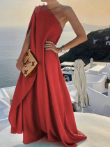 Red Fashionable Solid Color Loose One Shoulder Long Dress