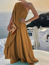Brown Fashionable Solid Color Loose One Shoulder Long Dress