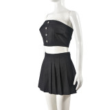Black Sexy Breast-Wrapped Pleated Zipper Skirt With Exposed Navel Two-Piece Set