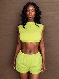 Green Sleeveless Short Top And Elastic Shorts Casual Two-Piece Set