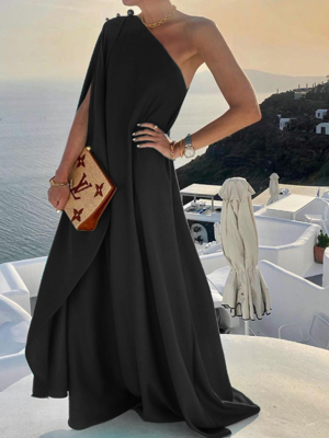 Black Fashionable Solid Color Loose One Shoulder Long Dress