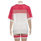 Red Fashionable Hollow Lapel Top High Waisted Shorts Knitted Casual Two-Piece Set