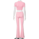 Pink New Round Neck Short Top And Elastic Waist Trousers Casual Two-Piece Set
