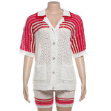 Red Fashionable Hollow Lapel Top High Waisted Shorts Knitted Casual Two-Piece Set