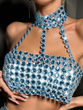 Blue New Slim Fit Backless Gemstone Halter Vest