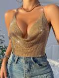 Golden Low-Cut Backless Flashy Diamond Chain Suspender Deep V Midriff-Baring Vest