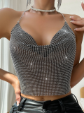 Black Low-Cut Backless Flashy Diamond Chain Suspender Deep V Midriff-Baring Vest