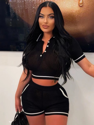 Black Knitted Stitching Threaded Lapel Casual Two-Piece Set
