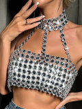 Silver New Slim Fit Backless Gemstone Halter Vest
