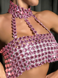 Pink New Slim Fit Backless Gemstone Halter Vest