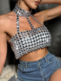 Silver New Slim Fit Backless Gemstone Halter Vest