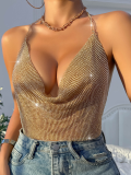 Golden Low-Cut Backless Flashy Diamond Chain Suspender Deep V Midriff-Baring Vest