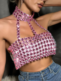 Pink New Slim Fit Backless Gemstone Halter Vest