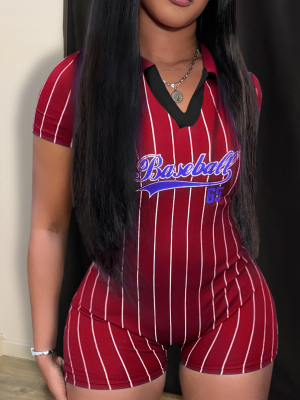 Wine Red Baseball Sports Fashion Print Jumpsuit