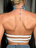 Blue New Slim Fit Backless Gemstone Halter Vest
