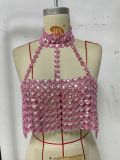 Pink New Slim Fit Backless Gemstone Halter Vest
