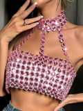 Pink New Slim Fit Backless Gemstone Halter Vest