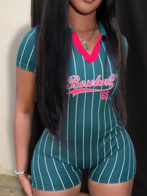 Dark Green Baseball Sports Fashion Print Jumpsuit