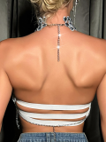 Silver New Slim Fit Backless Gemstone Halter Vest