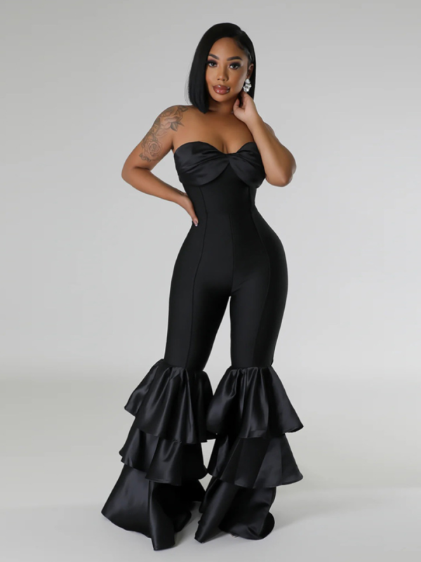 Black Fashionable And Sexy Tube Top Solid Color Pleated Jumpsuit
