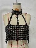 Black New Slim Fit Backless Gemstone Halter Vest