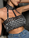 Black New Slim Fit Backless Gemstone Halter Vest
