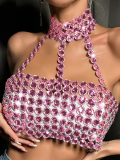 Pink New Slim Fit Backless Gemstone Halter Vest