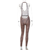Leopard Print Sexy V-Neck Backless Slim Fit Halter Neck Jumpsuit