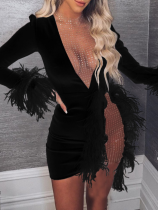 Black Sexy Mesh Patchwork Feather-embellished Slim Dress