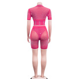 Rose Red Fashion Solid Color Mesh Gauze Inlaid Diamond Short-Sleeved Shorts Two-Piece Set