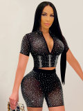 Black Fashion Solid Color Mesh Gauze Inlaid Diamond Short-Sleeved Shorts Two-Piece Set