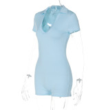 Blue Short-Sleeved V-Neck Tight Hip-Lifting Sports Yoga Jumpsuit